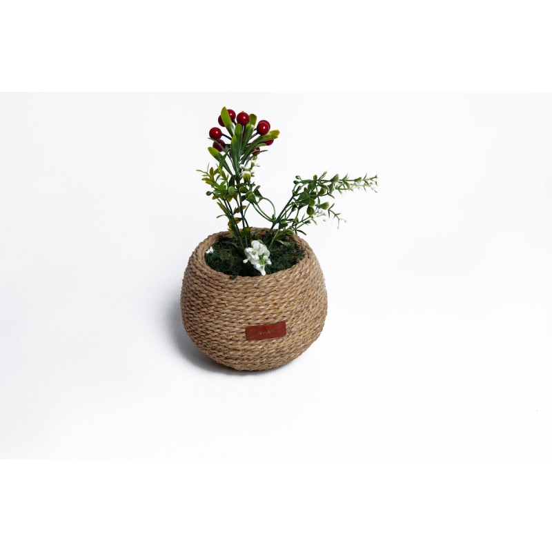 Pot à Fleur (Boule) 11cm revêtu avec des fibres naturelles (halfa) + Fleur