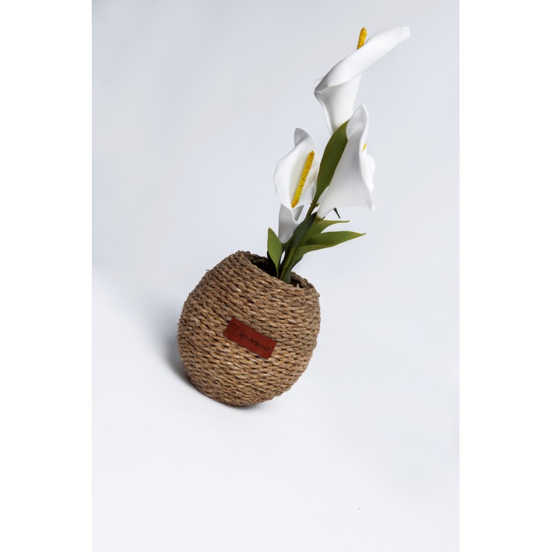 Pot à Fleur (Ballon) 13cm revêtu avec des fibres naturelles (halfa) + Fleur Tulip