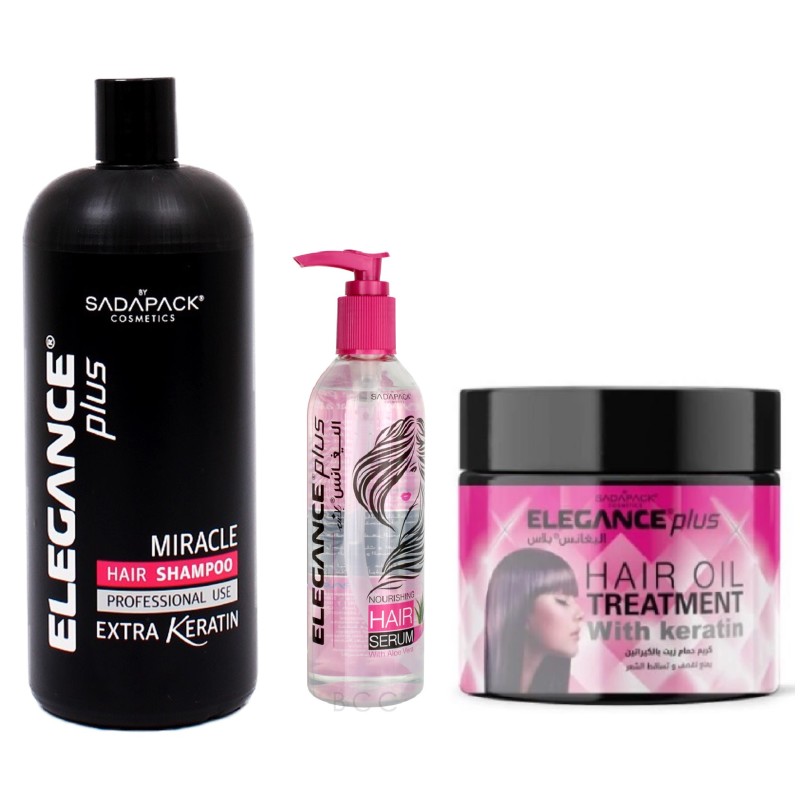 coffret 3 *1 Elegance shampoing Miracle Keratine 1lL- Bain huile 875ml- serum 120ml