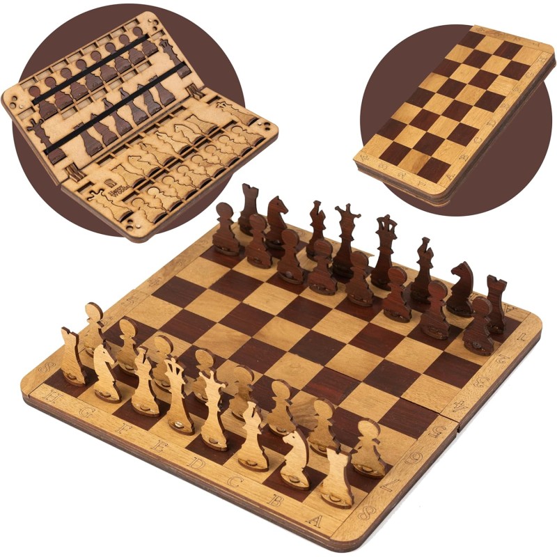 HappyWoods Book Chessboard - Jeu d'échecs en Bois d'olivier et pièces magnétiques - Échiquier Pliable/Portable pour Le Voyage