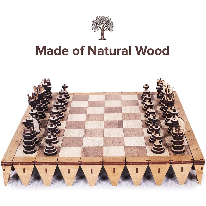 HappyWoods - Jeu D'Échecs Pliable Fait aux Main - Échiquier en Bois Naturel avec Pièces D'Échecs - Jeu D'Échecs - 16*16 cm