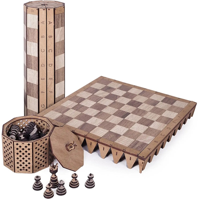 HappyWoods - Jeu D'Échecs Pliable Fait aux Main - Échiquier en Bois Naturel avec Pièces D'Échecs - Jeu D'Échecs - 16*16 cm