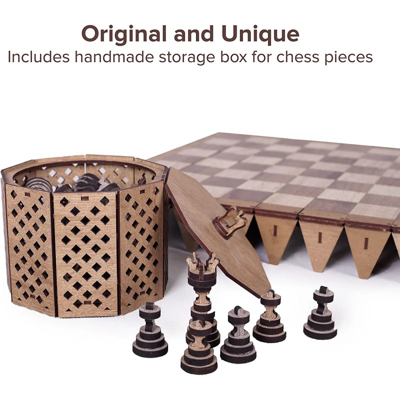 HappyWoods - Jeu D'Échecs Pliable Fait aux Main - Échiquier en Bois Naturel avec Pièces D'Échecs - Jeu D'Échecs - 16*16 cm