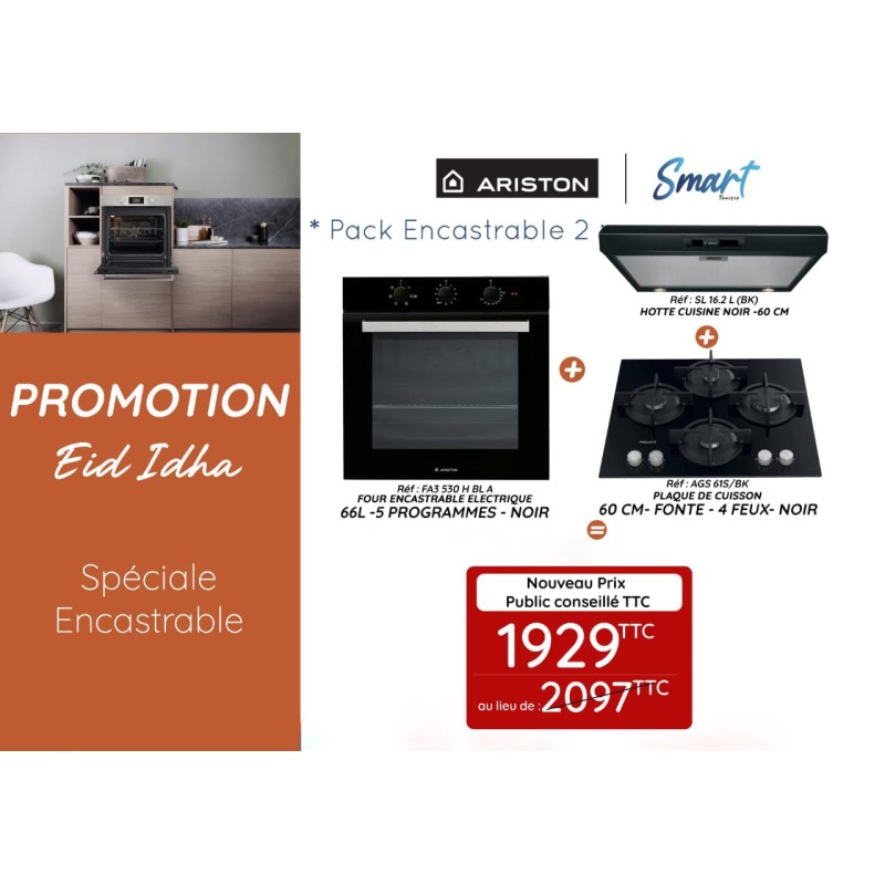 Pack Encastrable ARISTON 2 : HOTTE INOX + FOUR ENCASTRABLE NOIR + PLAQUE DE CUISSON NOIR