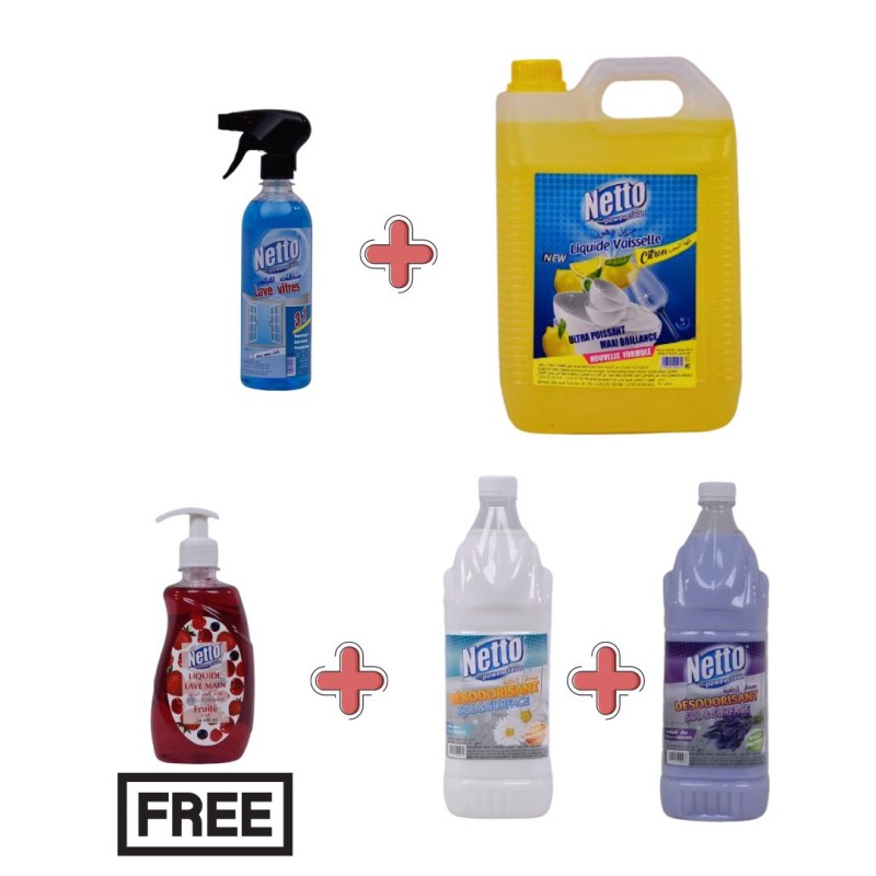 Pack NETTO Maison : Liquide vaisselle 5l + lave vitre+ 2 grisel + 1 lave main gratuit