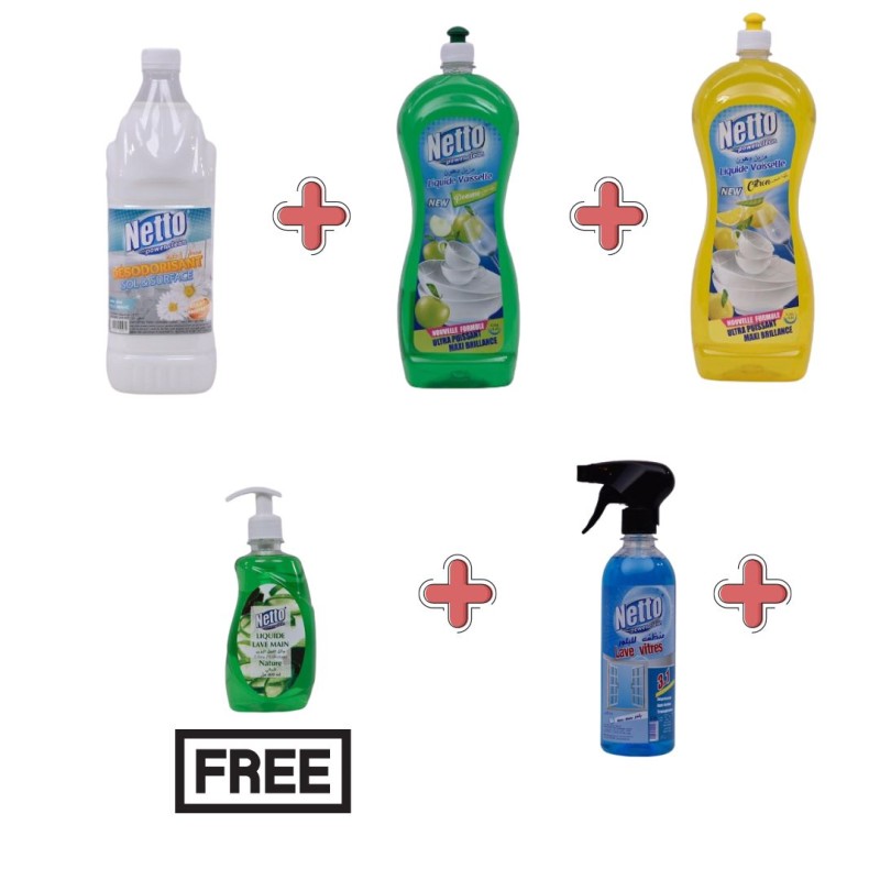 Pack NETTO Maison Mini : 2 liquide vaisselle 1.250L + 1 grisel + 1 lave vitre + 1 lave main gratuit