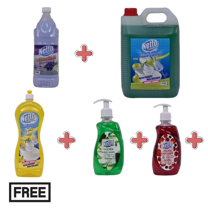 Pack NETTO Maison : Liquide Vaisselle 5L + 1 Grisel + 2 Lave Main + Liquide Vaisselle 1.250L GRATUITE