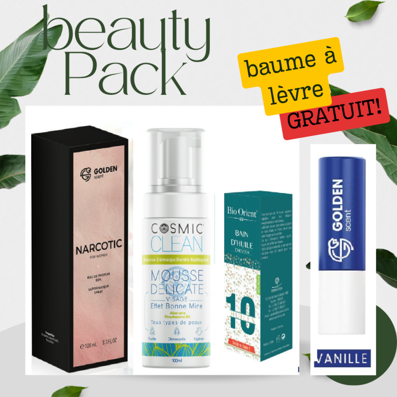 beauty Pack 4*1 Parfum NARCOTIC 100ml+mousse démaquillante 100ml+Bain huile cheveux + baume à lèvre GRATUIT