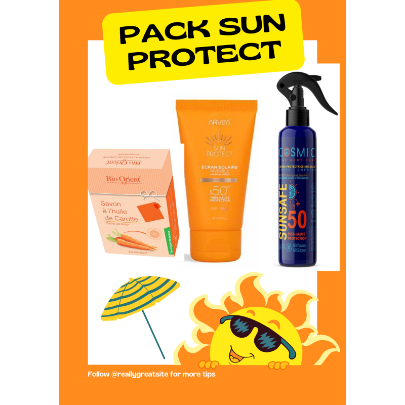 pack sun protect 3*1 SUNSAFE COSMIC protection Solaire Spray 200ml + ecran invisible arvea + savon huile de carotte bio orient