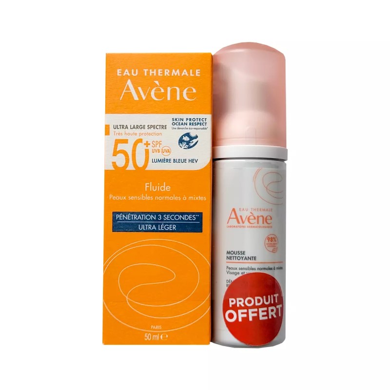 Avene Duo Ecran Solaire SPF 50+ Fluide invisible + Mousse nettyante 50ml