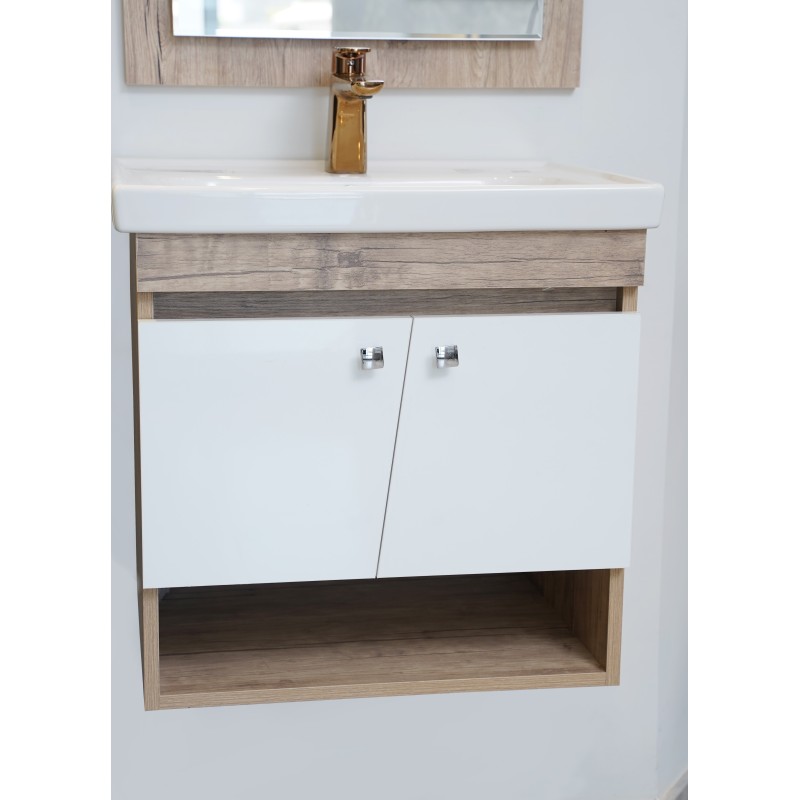 MEUBLE 60 IGLOSS 2 CASSIER EFFET BOIS / BLANC MIROIR SIMPLE