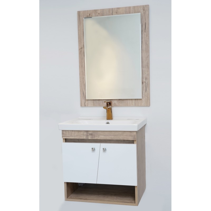 MEUBLE 60 IGLOSS 2 CASSIER EFFET BOIS / BLANC MIROIR SIMPLE