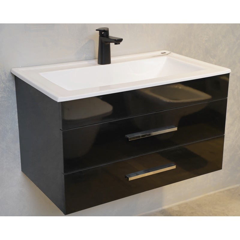 MEUBLE 80 NOIR IGLOSS  2 TIROIR + MIROIR + PLAN VASQUE MK 80 BLANC