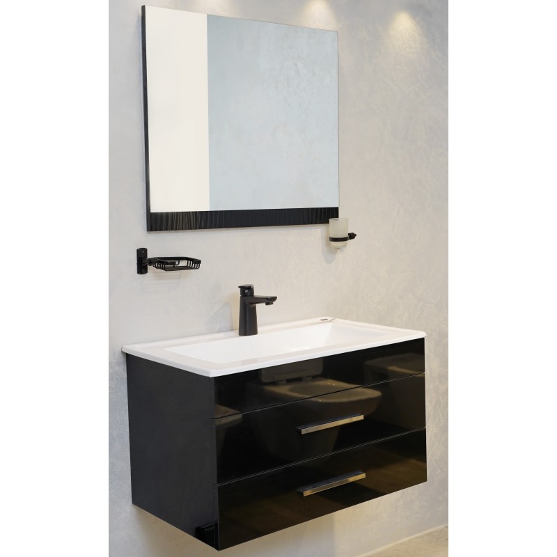 MEUBLE 80 NOIR IGLOSS  2 TIROIR + MIROIR + PLAN VASQUE MK 80 BLANC