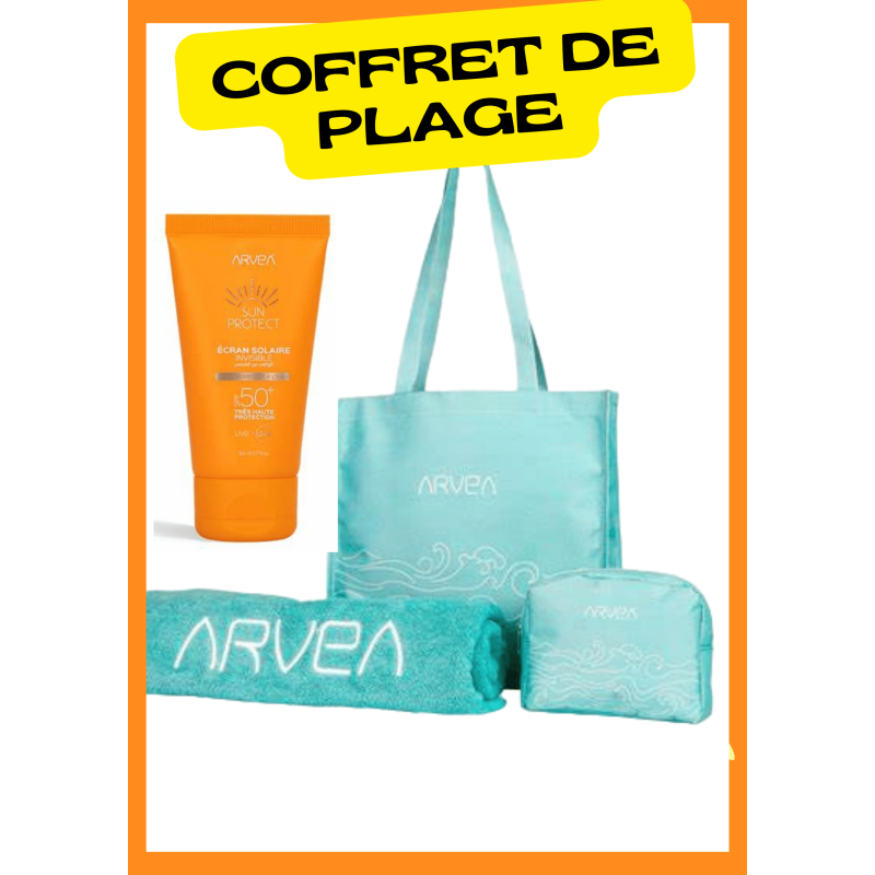 coffret Sac de plage en toile+Trousse en toile+Serviette de plage+Ecran Sun protect invisible