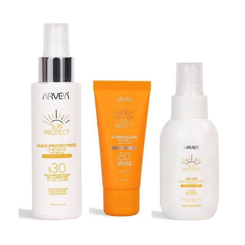 pack SUN PROTECT 3*1 ecran invisible 50ml+huile protectrice100ml+brume rafraichissante 100ml