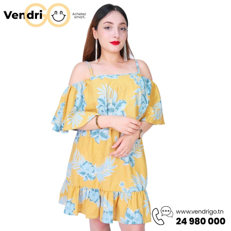 Robe d'été à Épaules Dénudées - Jaune à Fleurs Bleues