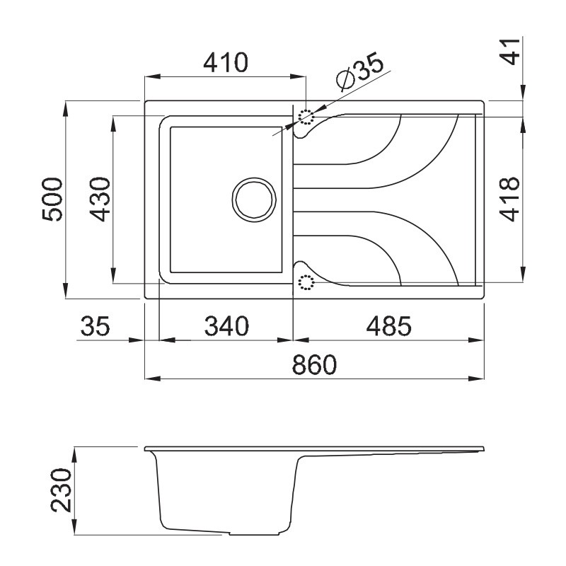 ÉVIER DE CUISINE ENCASTRABLE FOCUS GRANITECK 1 BAC + ÉGOUTTOIR 86CM - AVANA