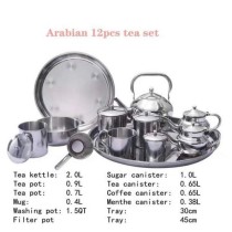 Service À Thé Arabian en Inox Plateau & Théière & Sucrier 12 Pcs